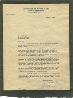 Knute Rockne Signed Typewritten Letter to Current Player on Notre Dame Letterhead! 